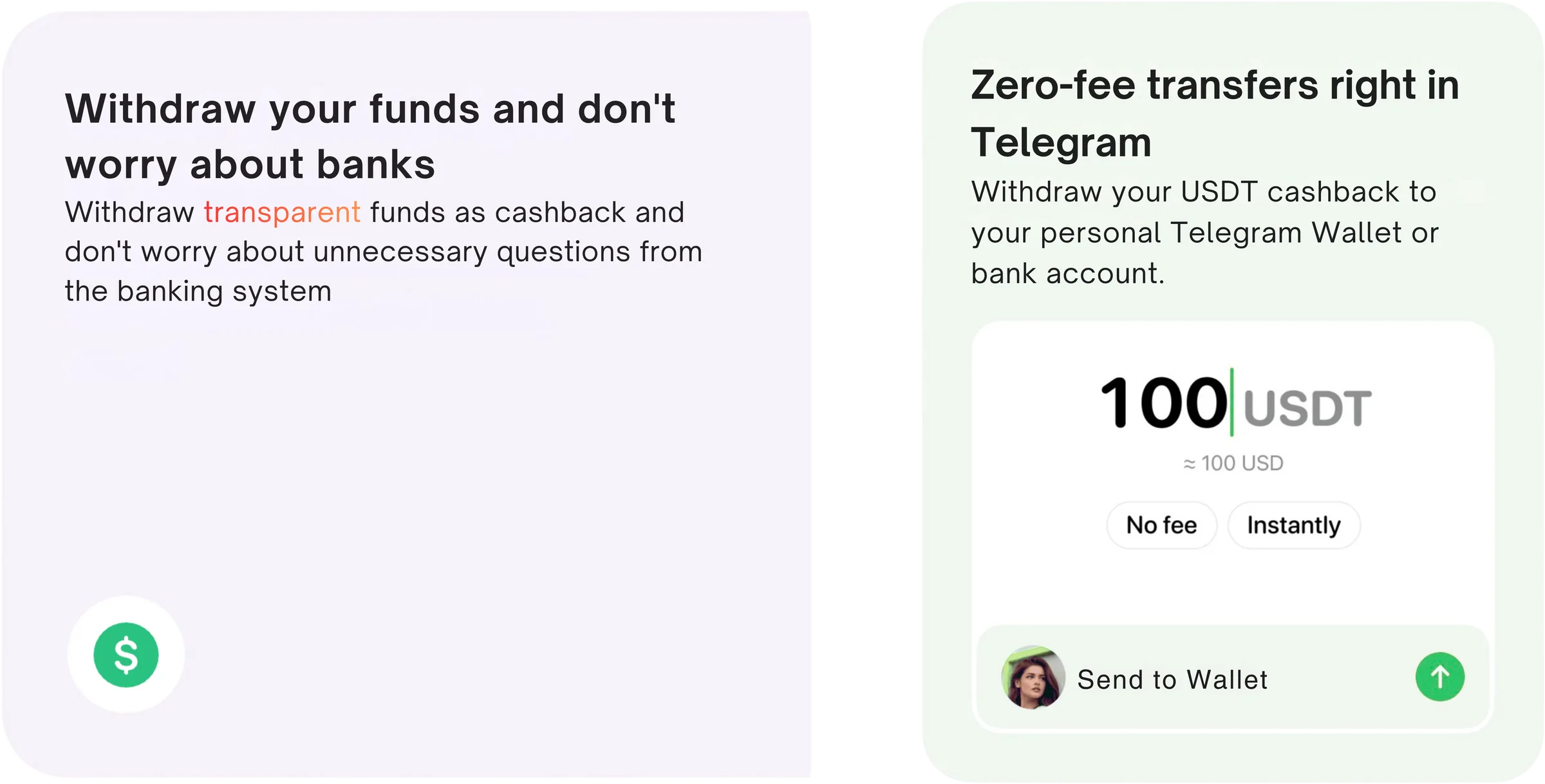 Withdraw funds without bank hassle and zero-fee transfers in Telegram