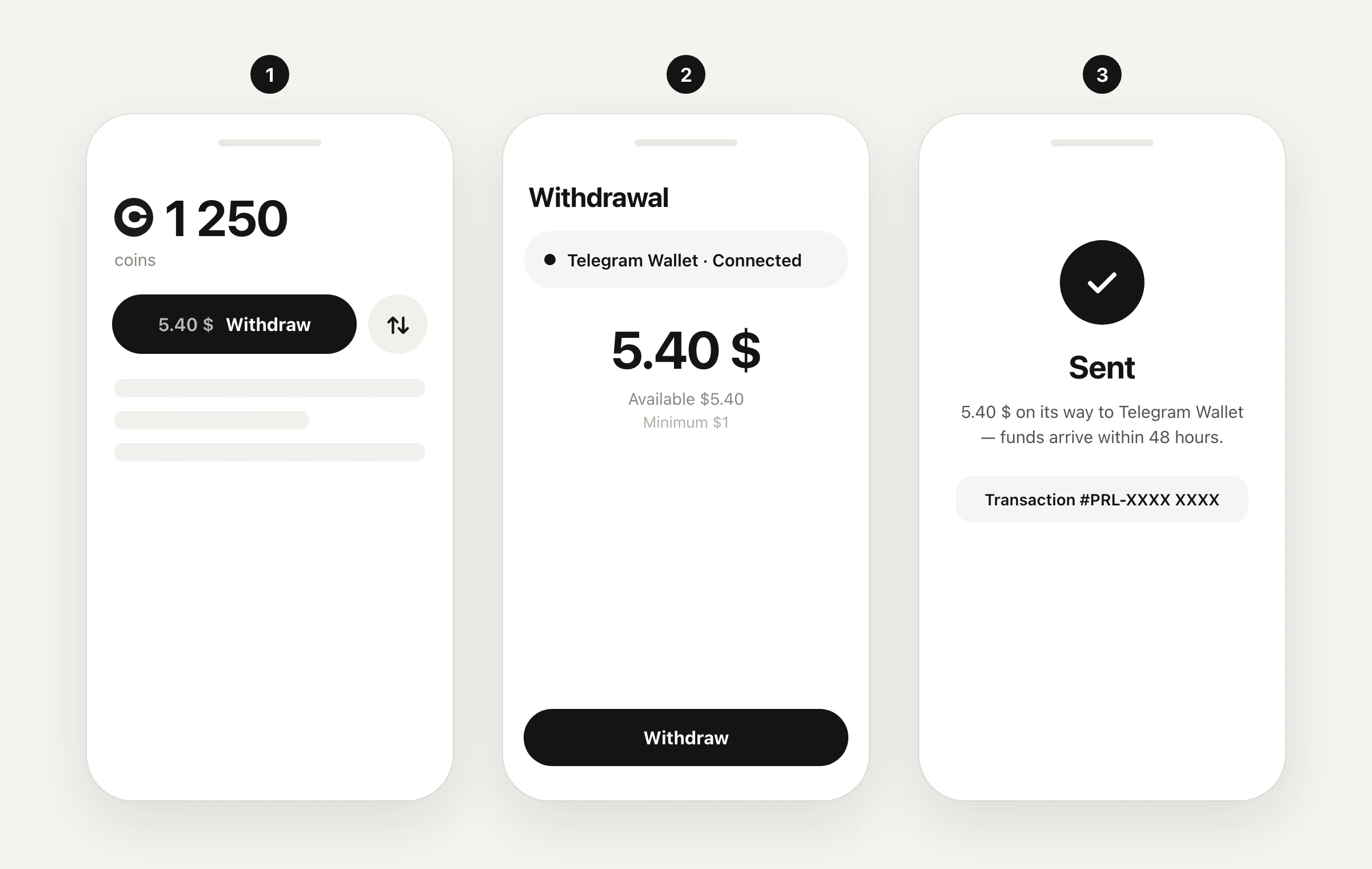 Withdrawal: from the “Withdraw” button to the request number